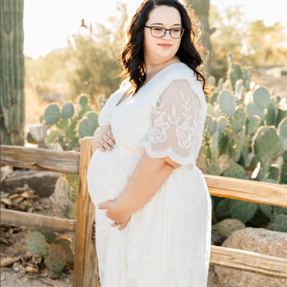 PinkBlush White Lace Mesh Overlay Maternity Dress - Picture 6 of 12